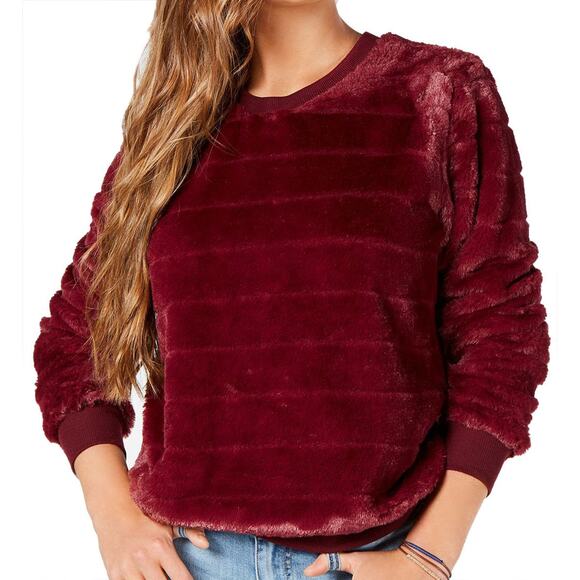 Almost Famous Sweaters - Almost Famous Women Faux Fur Stripe Fuzzy Sweater Red Crew Neck Pullover Comfy L